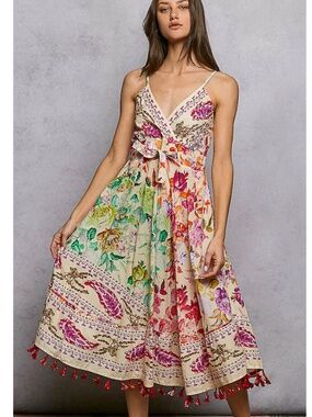 "The Mariah" Mixed Print and Tassel Detail Midi Dress